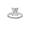 Radiant-cut diamond engagement ring with a channel-set diamond band and solitaire setting.