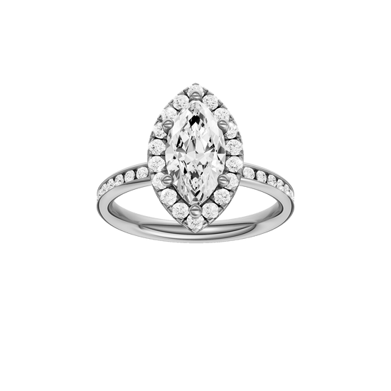 Marquise-cut diamond engagement ring with a channel-set diamond band and halo setting.