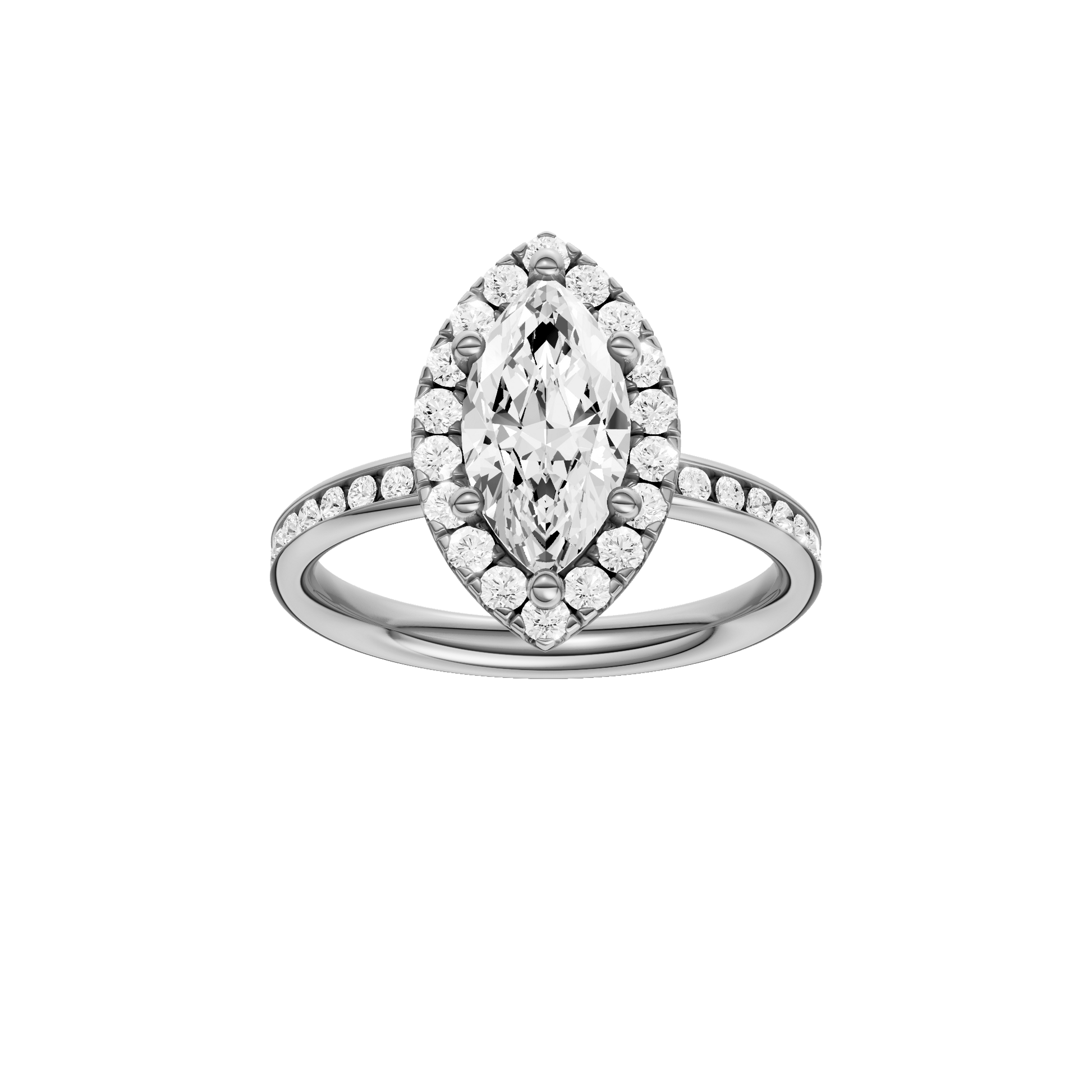 Marquise-cut diamond engagement ring with a channel-set diamond band and halo setting.