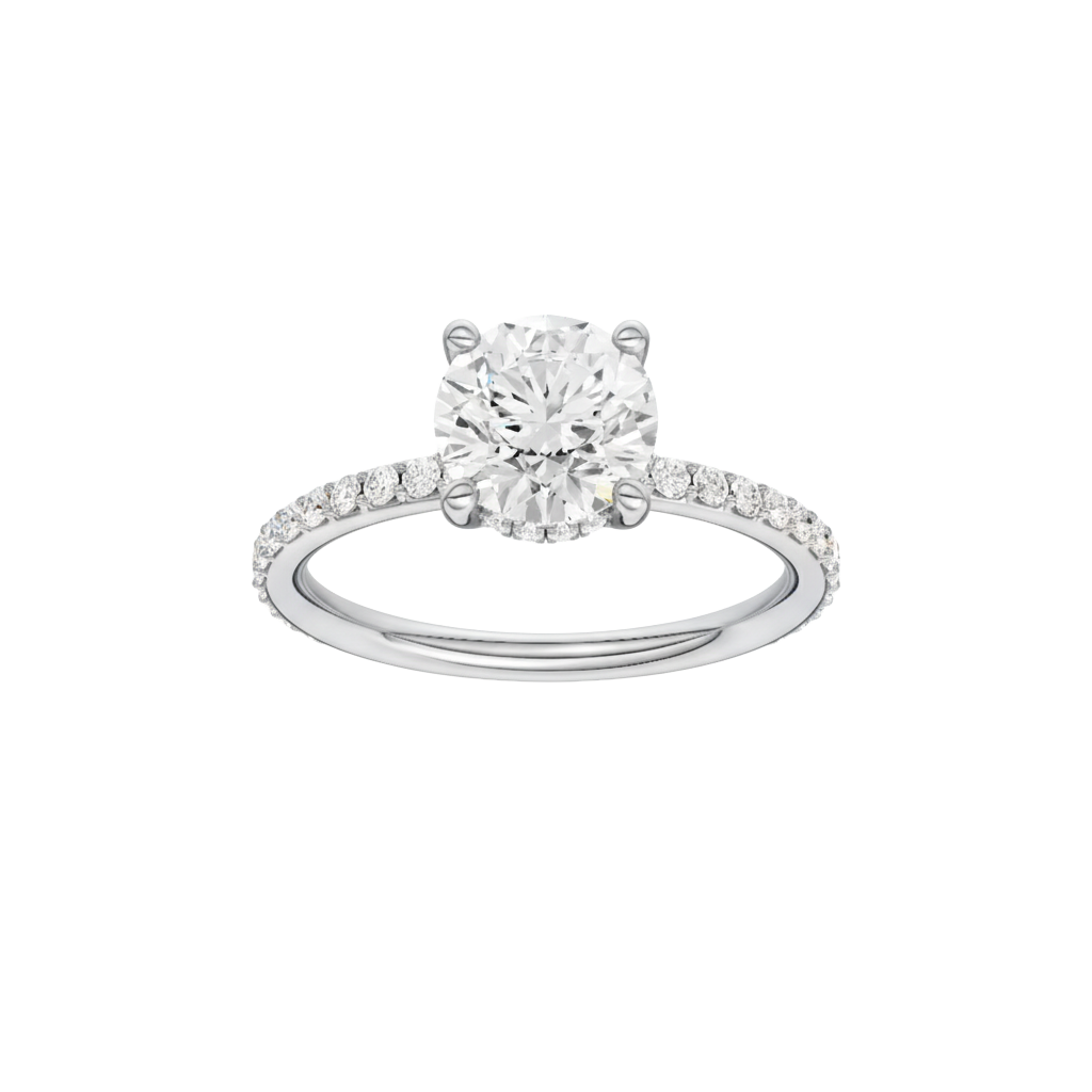 Round-cut diamond engagement ring with a prong-set diamond band and hidden-halo setting.