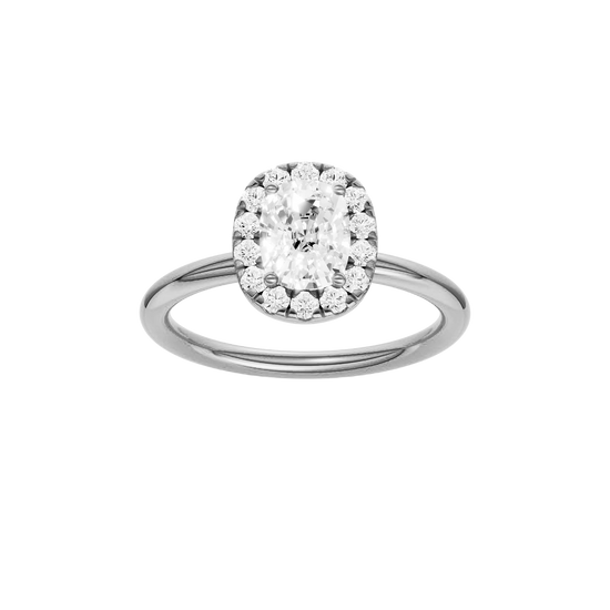 Elongated cushion-cut diamond engagement ring in 14k white gold with a plain band and halo setting