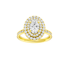 Oval-cut diamond engagement ring with a channel-set diamond band and double-halo setting.