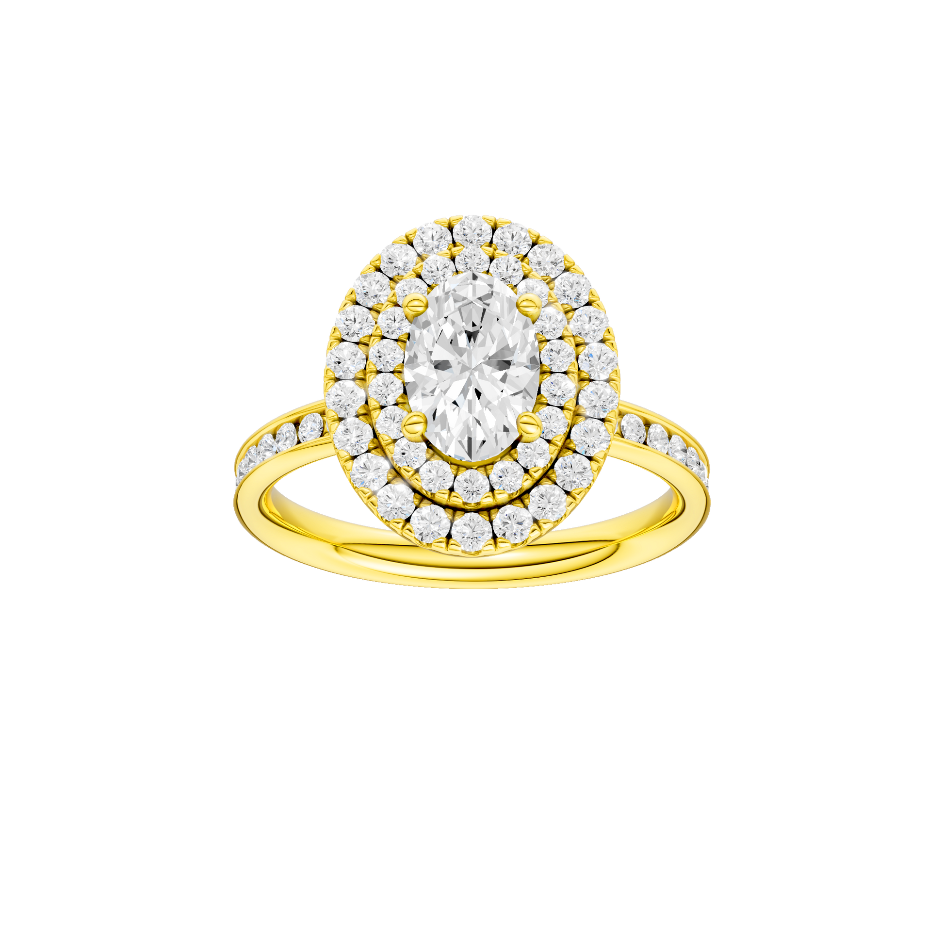Oval-cut diamond engagement ring with a channel-set diamond band and double-halo setting.