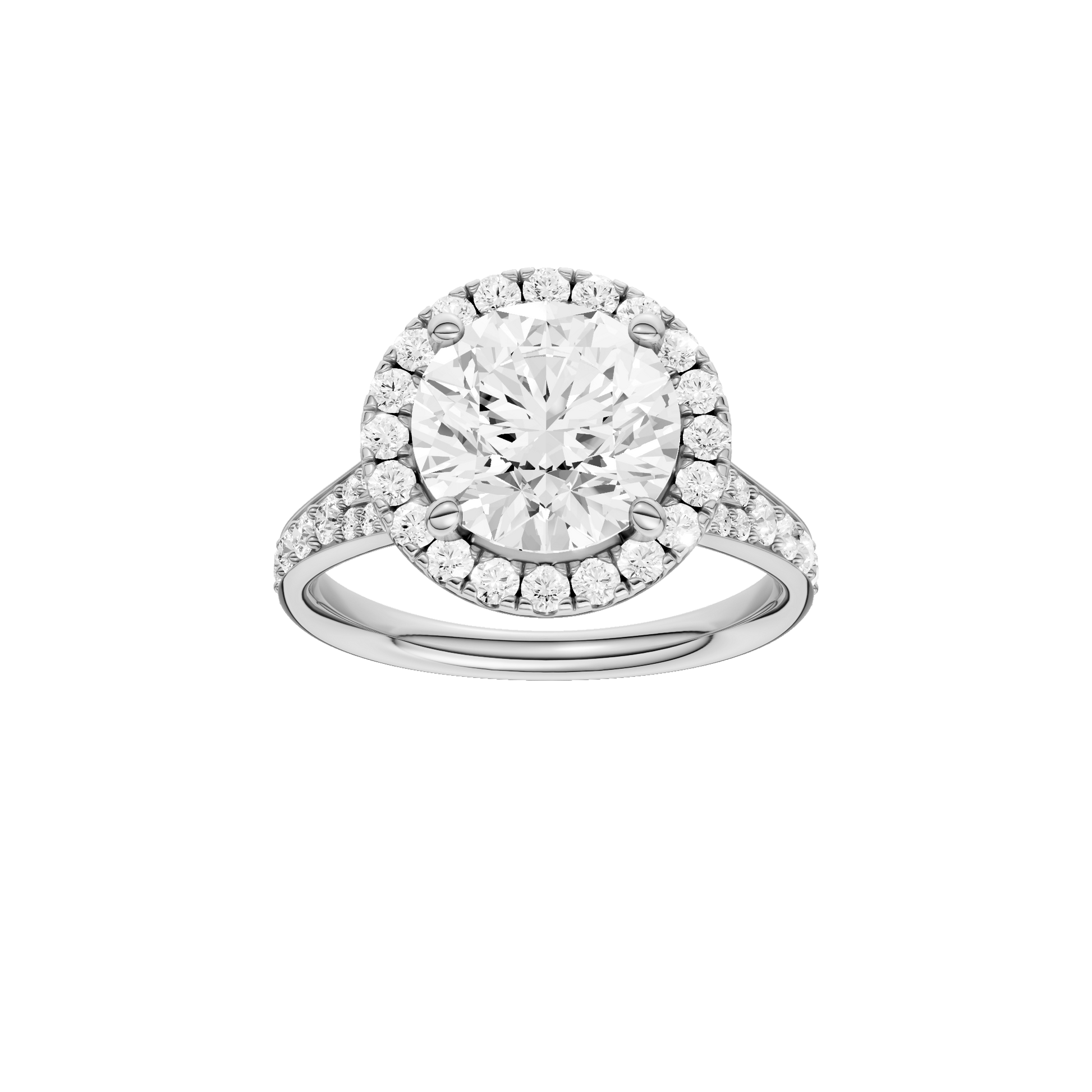 Round-cut diamond engagement ring with a channel-set diamond band and halo setting.