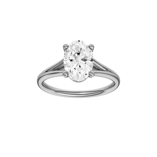 Oval-cut diamond engagement ring with a plain band and solitaire setting.