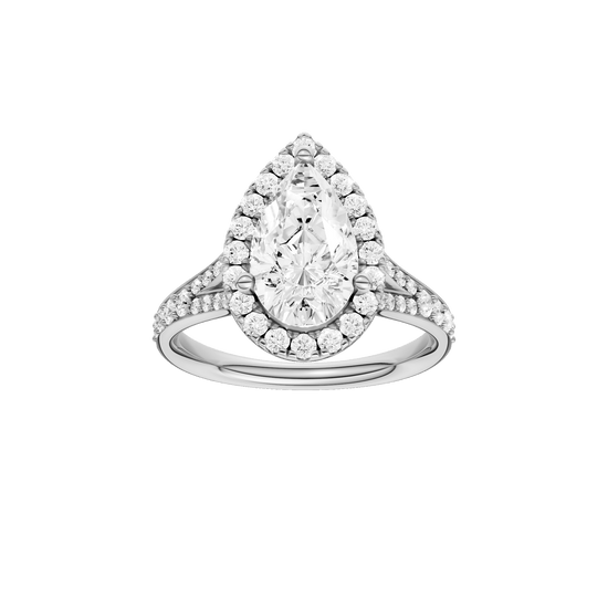 Pear-cut diamond engagement ring with a channel-set diamond band and halo setting.