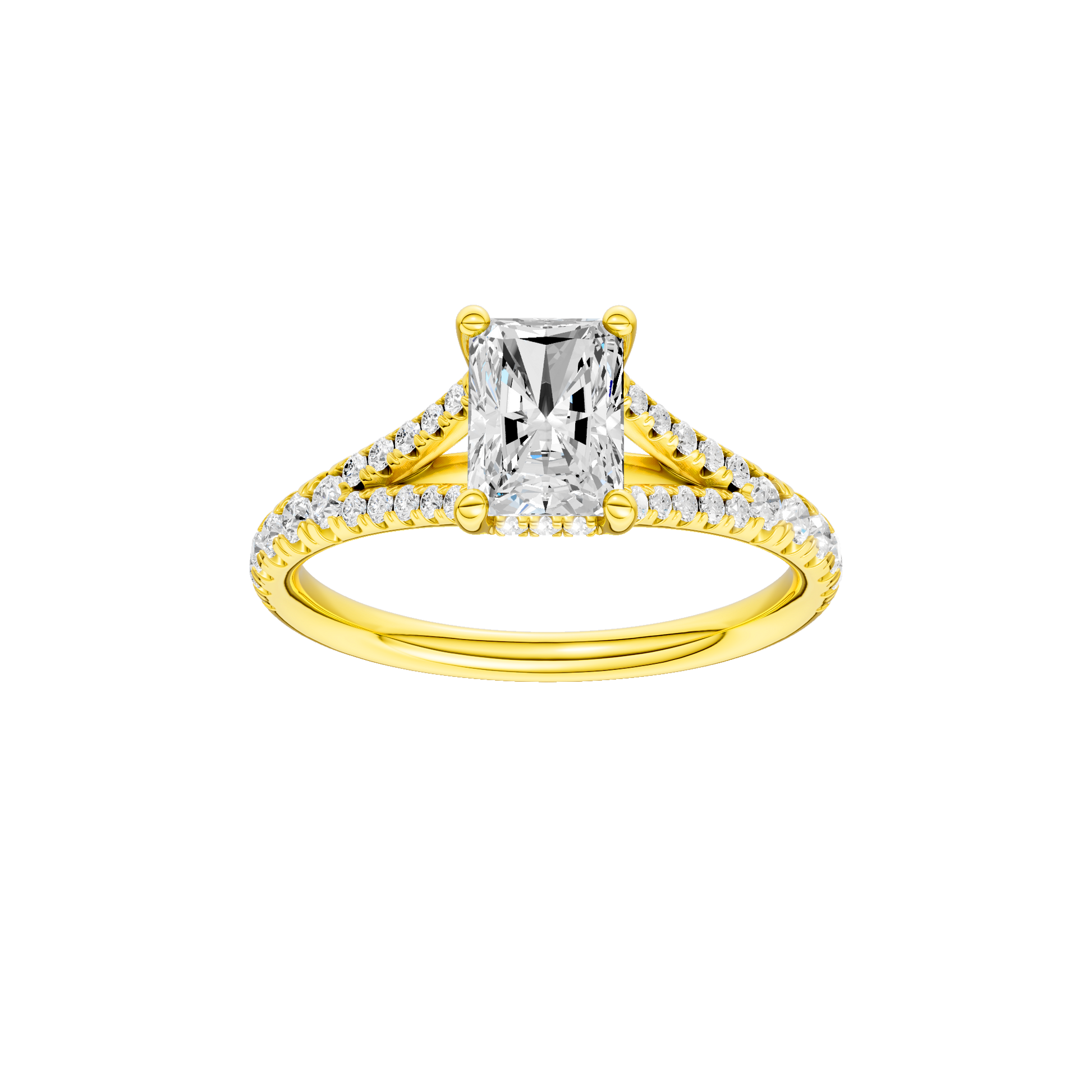 Radiant-cut diamond engagement ring with a prong-set diamond band and hidden-halo setting.