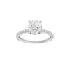 Round-cut diamond engagement ring with a prong-set diamond band and hidden-halo setting.