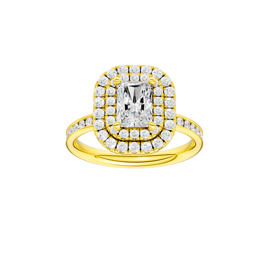 Radiant-cut diamond engagement ring with a channel-set diamond band and double-halo setting.