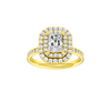 Radiant-cut diamond engagement ring with a channel-set diamond band and double-halo setting.