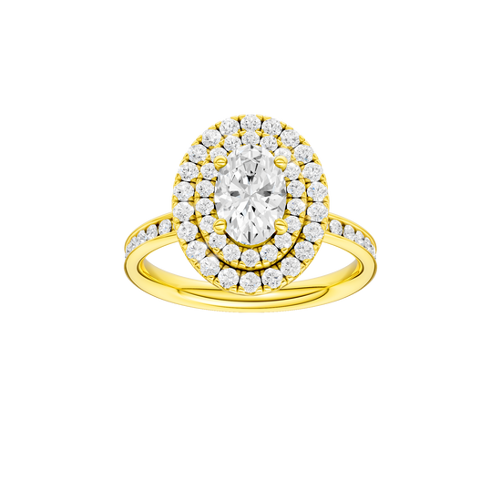 Oval-cut diamond engagement ring with a channel-set diamond band and double-halo setting.