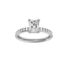 Radiant-cut diamond engagement ring with a channel-set diamond band and solitaire setting.