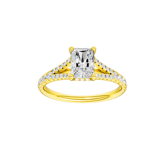 Radiant-cut diamond engagement ring with a prong-set diamond band and hidden-halo setting.