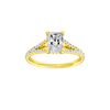 Radiant-cut diamond engagement ring with a prong-set diamond band and hidden-halo setting.