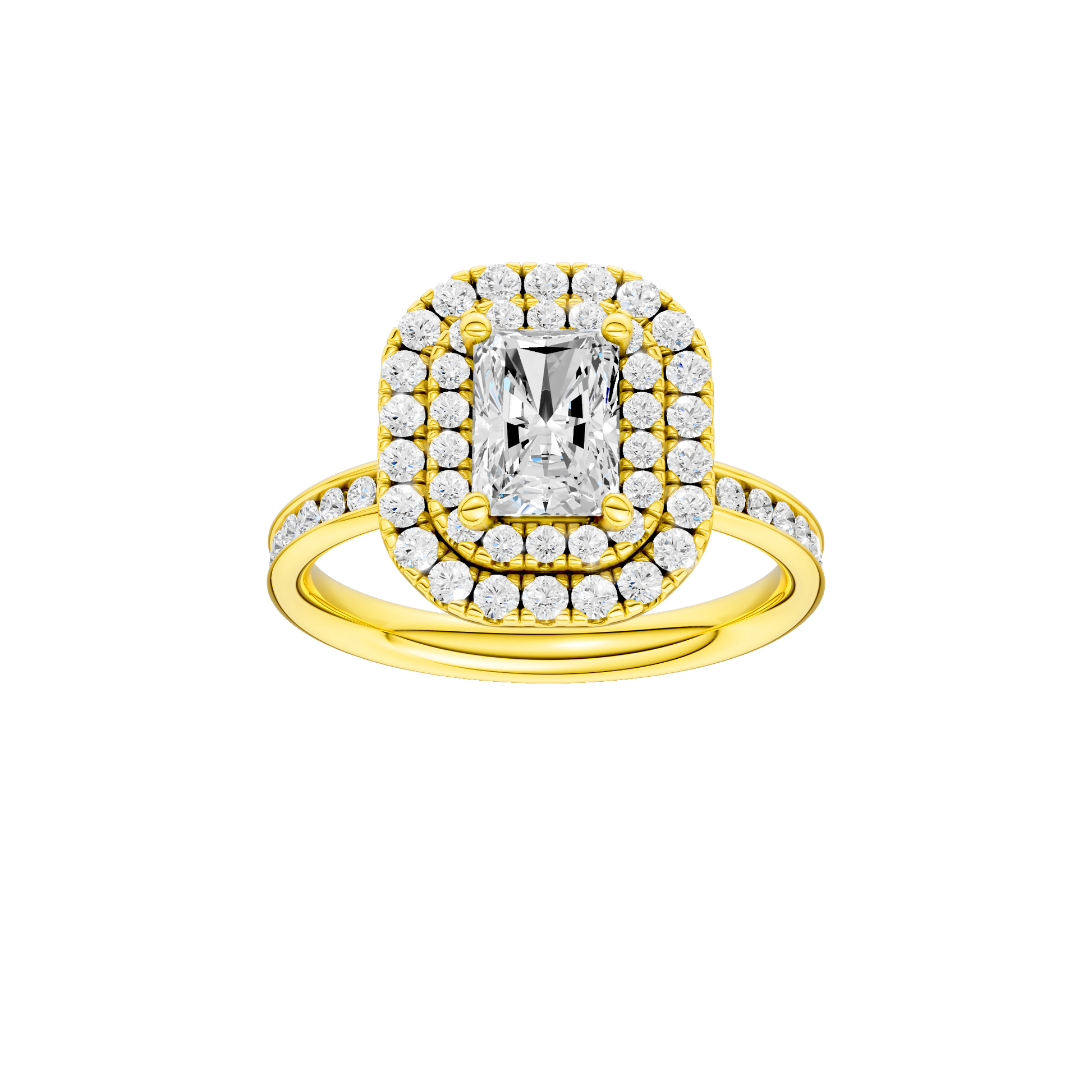 Radiant-cut diamond engagement ring with a channel-set diamond band and double-halo setting.