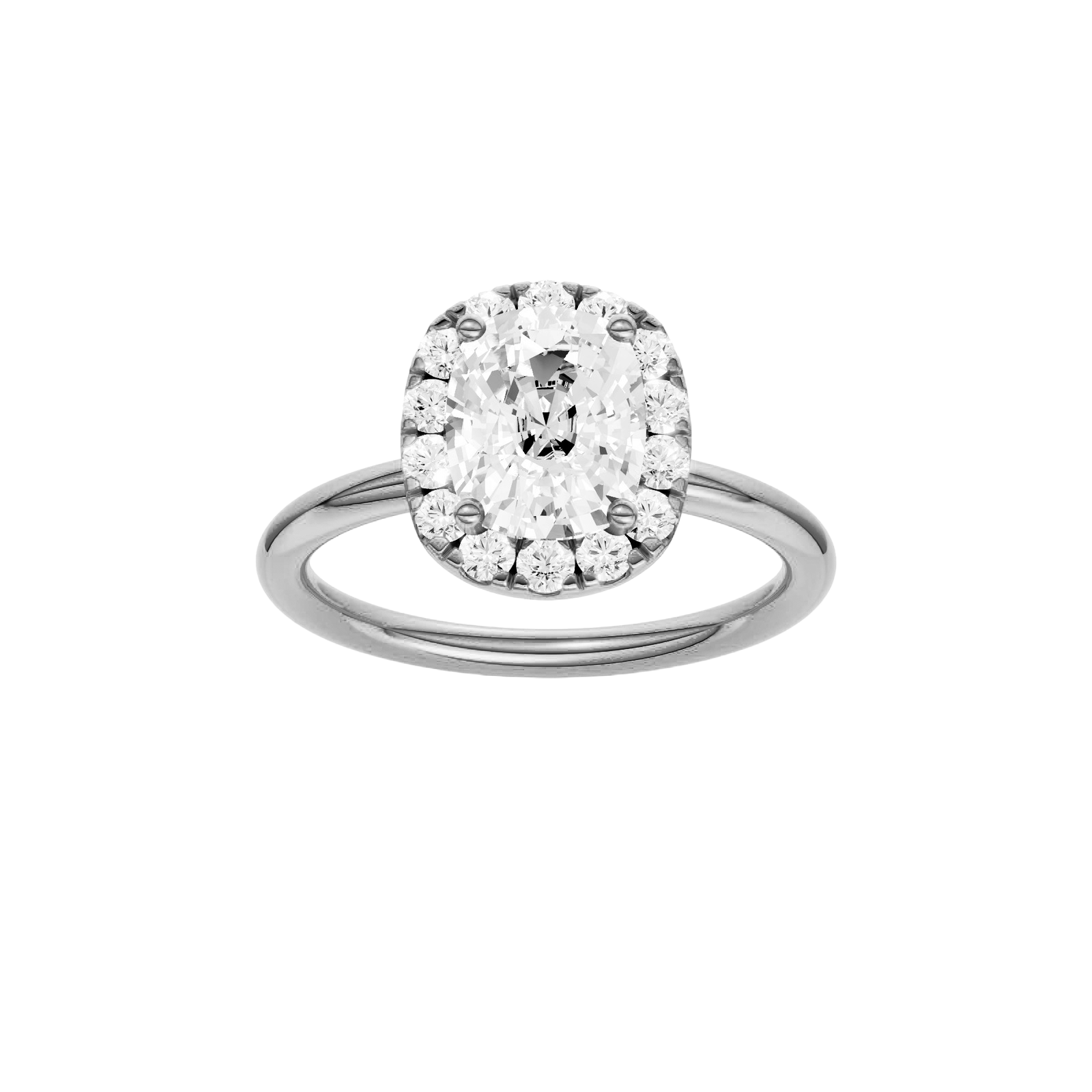 Elongated cushion-cut diamond engagement ring in 14k white gold with a plain band and halo setting