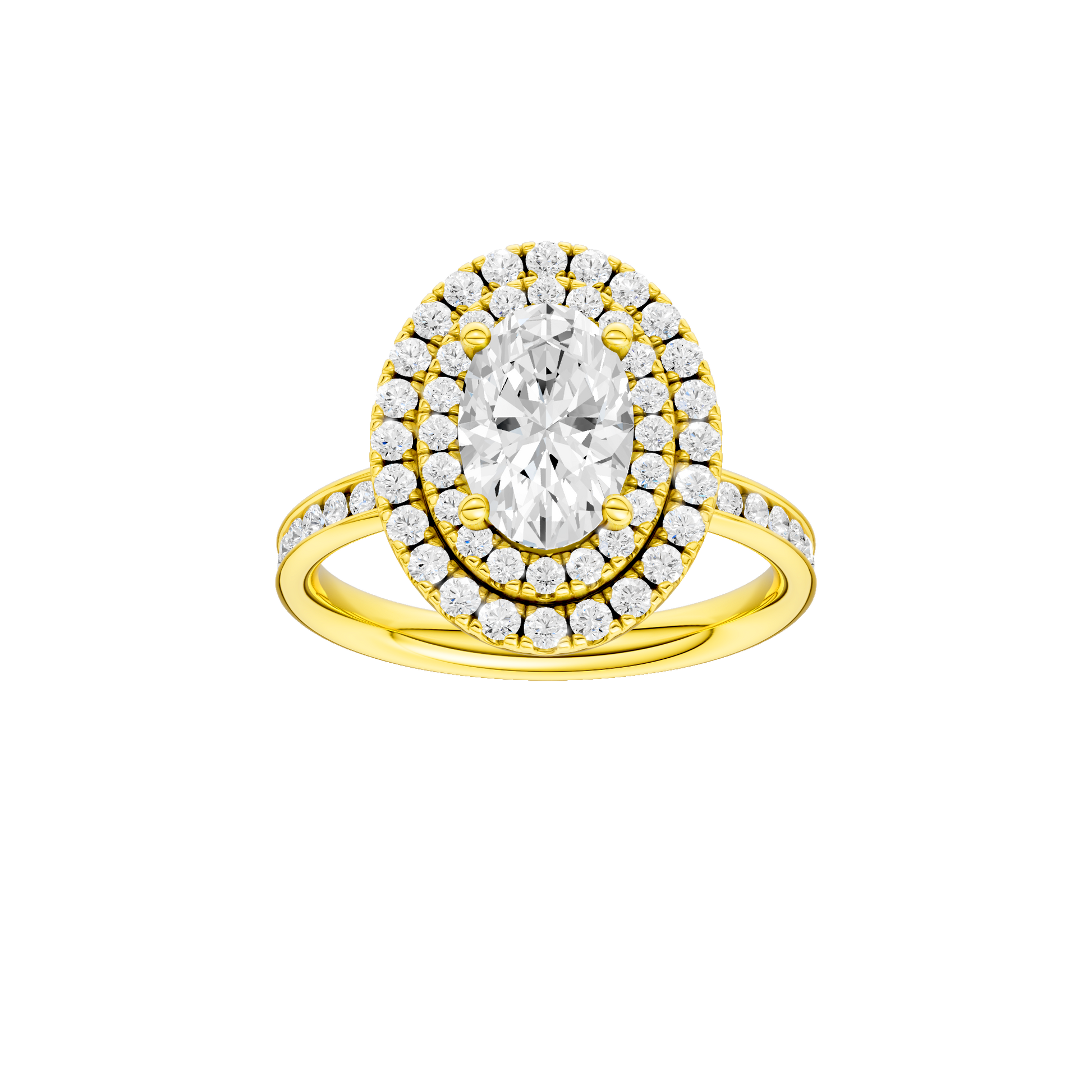 Oval-cut diamond engagement ring with a channel-set diamond band and double-halo setting.
