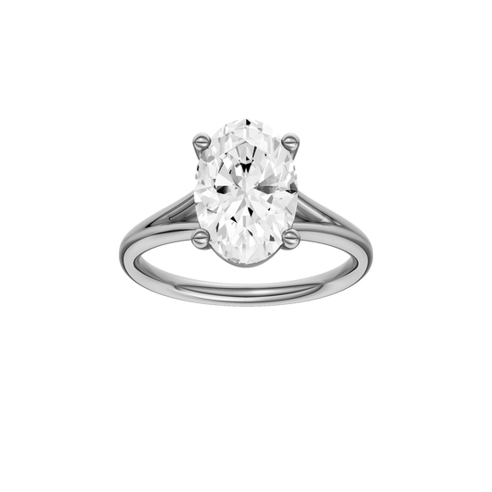 Oval-cut diamond engagement ring with a plain band and solitaire setting.