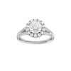 Round-cut diamond engagement ring with a channel-set diamond band and halo setting.