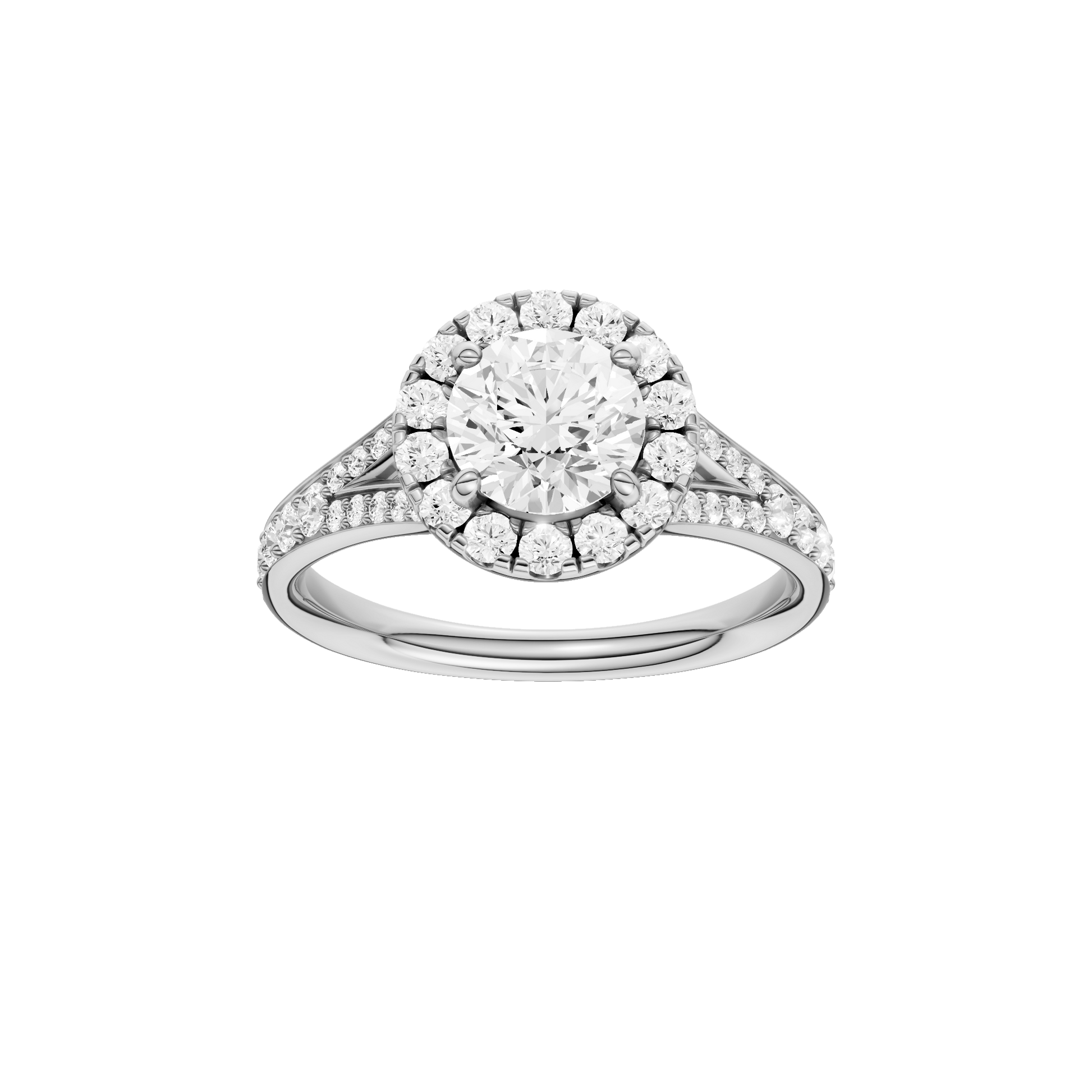 Round-cut diamond engagement ring with a channel-set diamond band and halo setting.