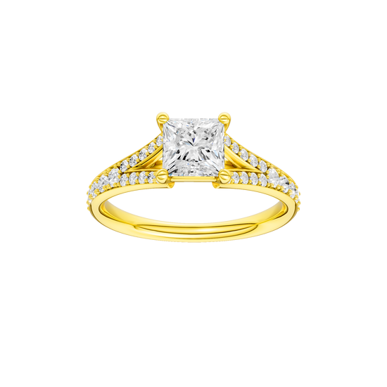 Princess-cut diamond engagement ring with a channel-set diamond band and solitaire setting.