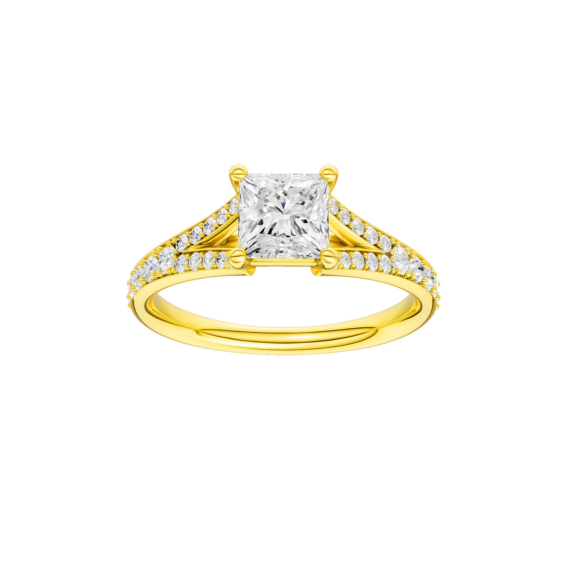Princess-cut diamond engagement ring with a channel-set diamond band and solitaire setting.