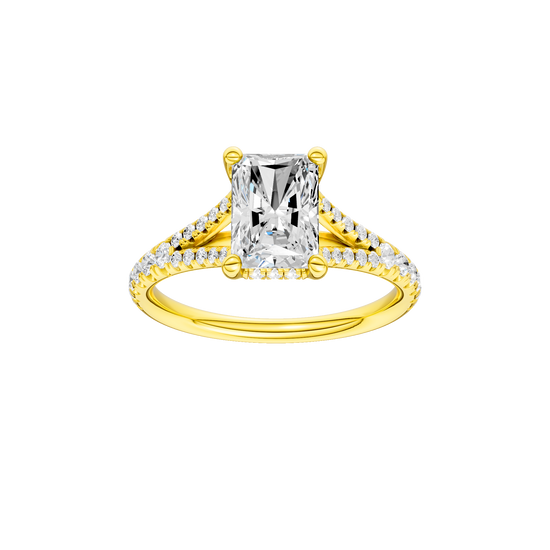 Radiant-cut diamond engagement ring with a prong-set diamond band and hidden-halo setting.