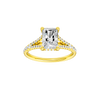 Radiant-cut diamond engagement ring with a prong-set diamond band and hidden-halo setting.