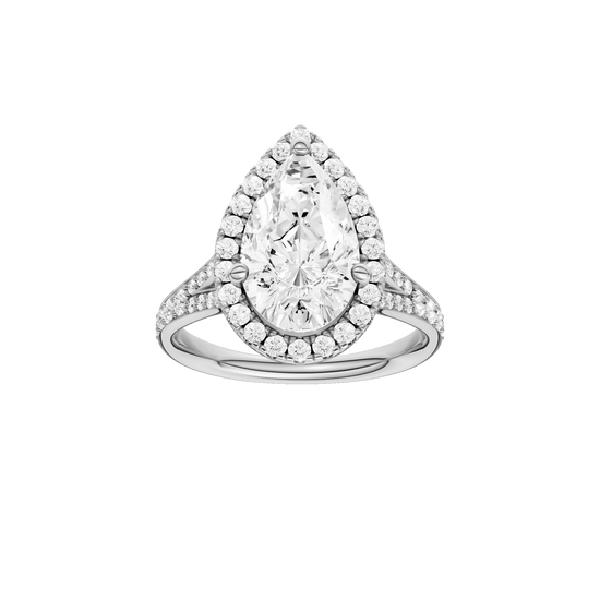 Pear-cut diamond engagement ring with a channel-set diamond band and halo setting.