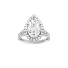 Pear-cut diamond engagement ring with a channel-set diamond band and halo setting.