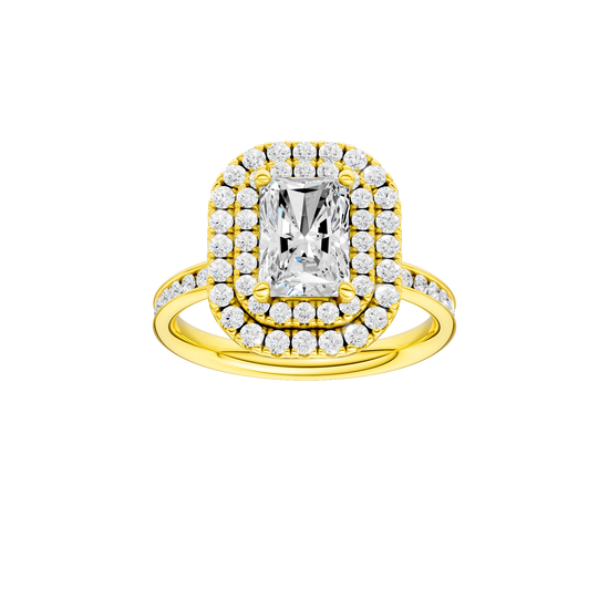 Radiant-cut diamond engagement ring with a channel-set diamond band and double-halo setting.