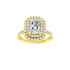Radiant-cut diamond engagement ring with a channel-set diamond band and double-halo setting.