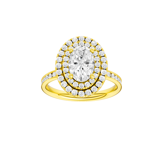Oval-cut diamond engagement ring with a channel-set diamond band and double-halo setting.