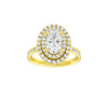 Oval-cut diamond engagement ring with a channel-set diamond band and double-halo setting.