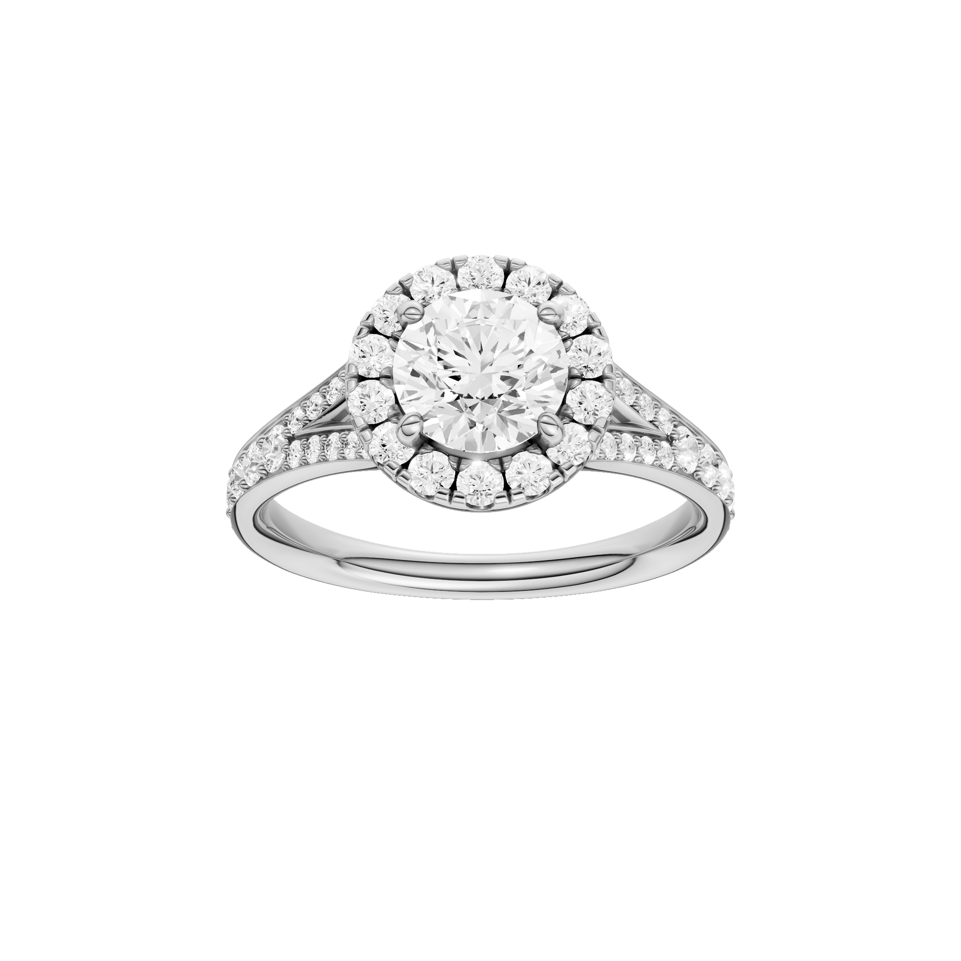 Round-cut diamond engagement ring with a channel-set diamond band and halo setting.