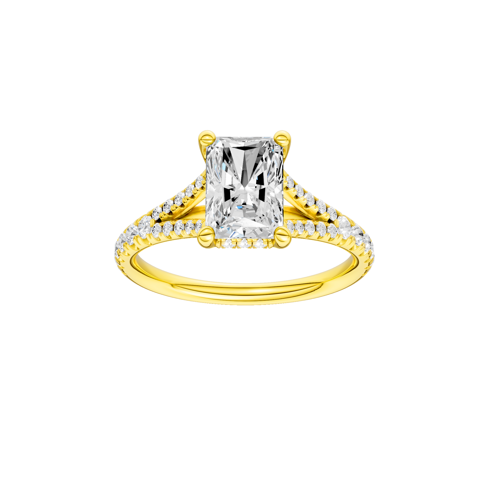 Radiant-cut diamond engagement ring with a prong-set diamond band and hidden-halo setting.