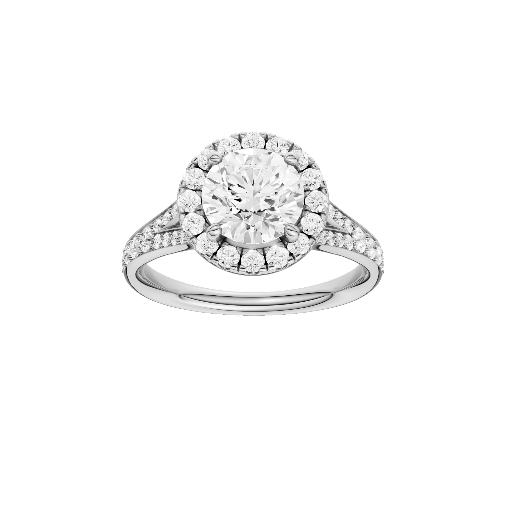 Round-cut diamond engagement ring with a channel-set diamond band and halo setting.