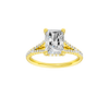 Radiant-cut diamond engagement ring with a prong-set diamond band and hidden-halo setting.