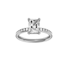 Radiant-cut diamond engagement ring with a channel-set diamond band and solitaire setting.