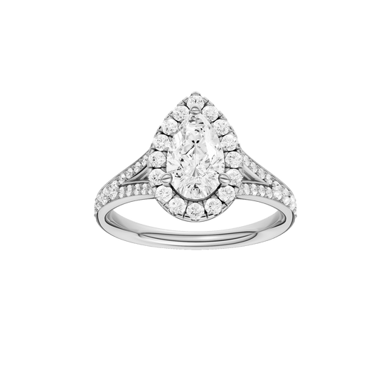 Pear-cut diamond engagement ring with a channel-set diamond band and halo setting.