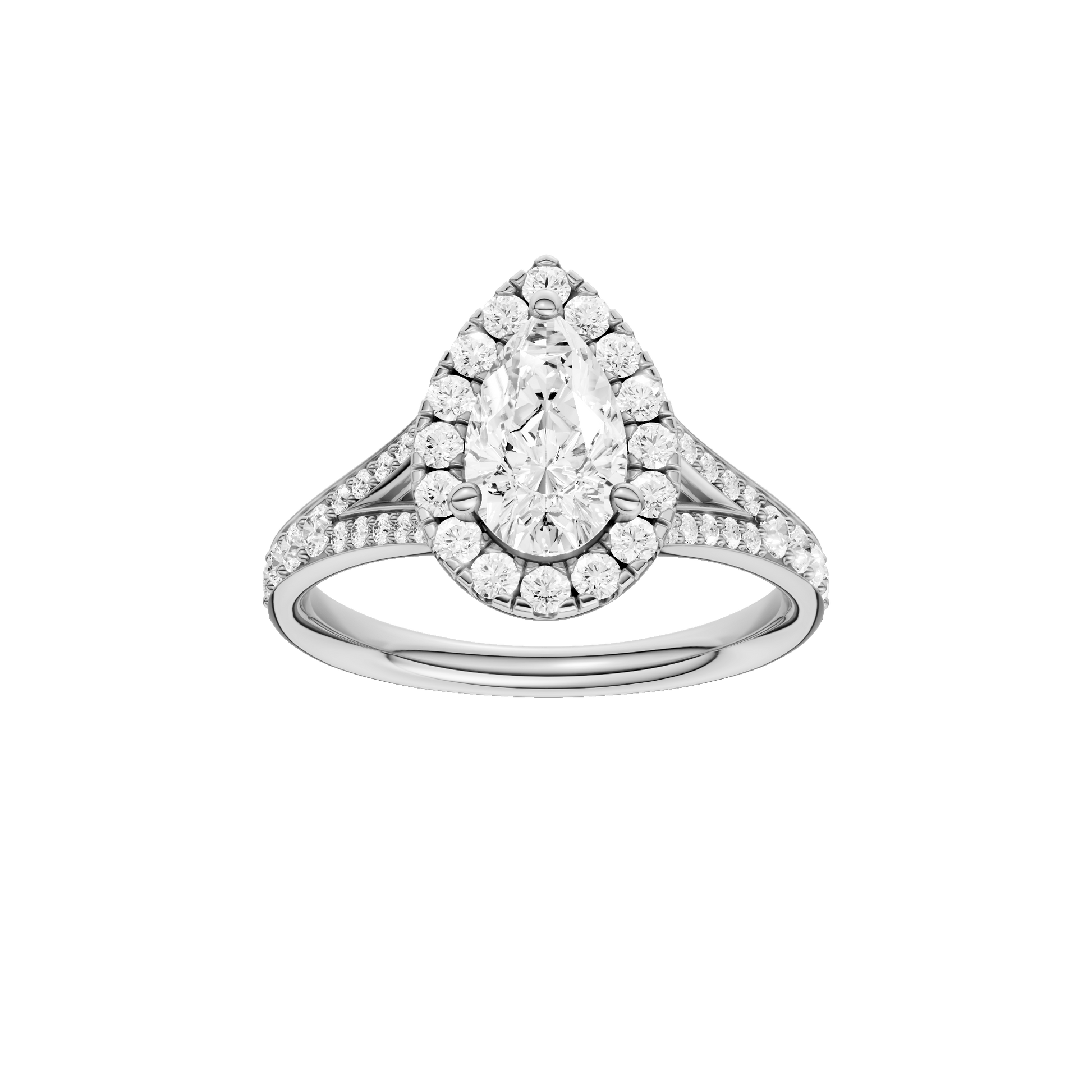 Pear-cut diamond engagement ring with a channel-set diamond band and halo setting.