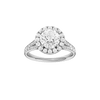 Round-cut diamond engagement ring with a channel-set diamond band and halo setting.