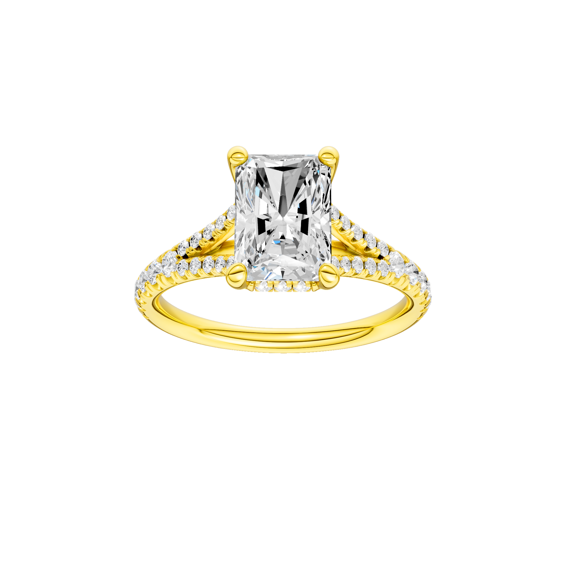 Radiant-cut diamond engagement ring with a prong-set diamond band and hidden-halo setting.