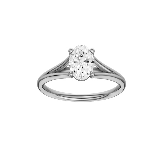 Oval-cut diamond engagement ring with a plain band and solitaire setting.