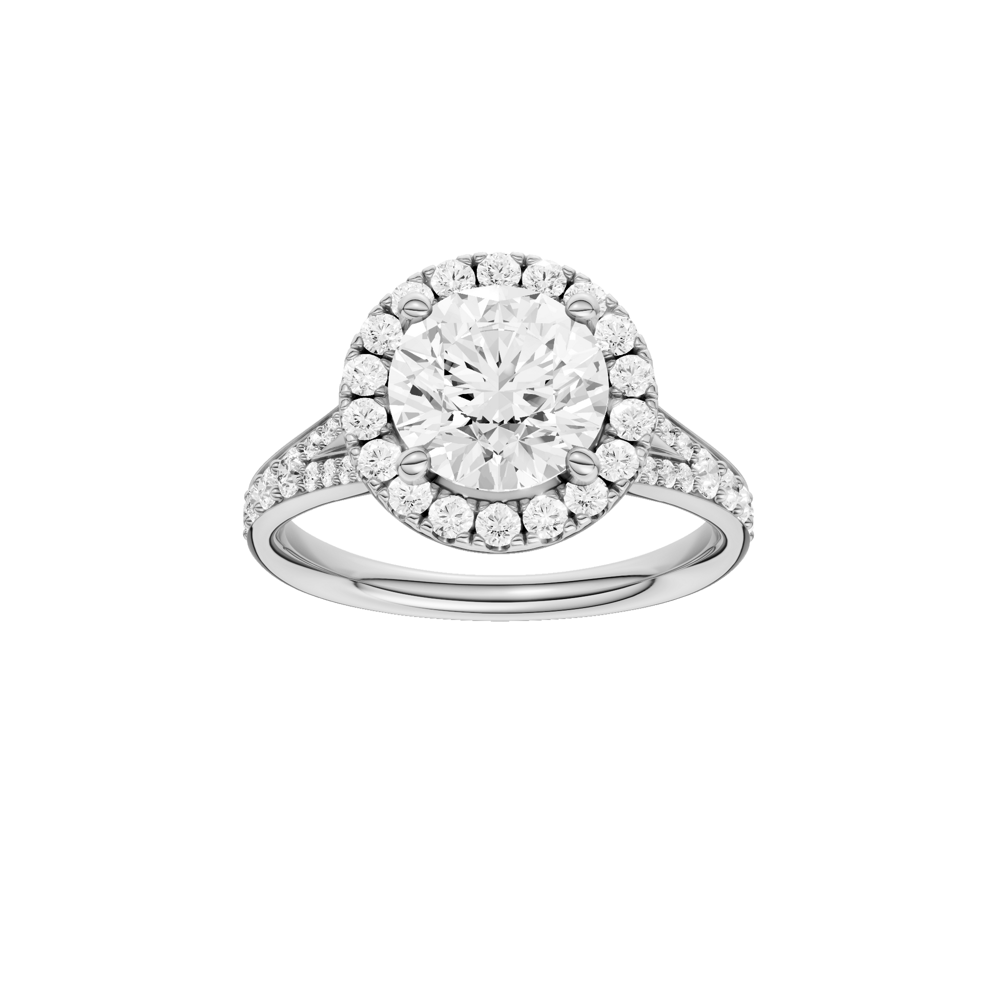 Round-cut diamond engagement ring with a channel-set diamond band and halo setting.