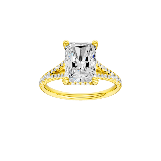 Radiant-cut diamond engagement ring with a prong-set diamond band and hidden-halo setting.