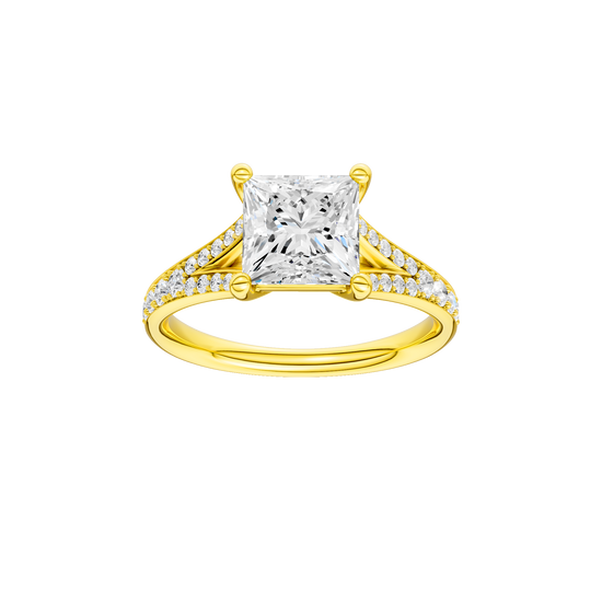 Princess-cut diamond engagement ring with a channel-set diamond band and solitaire setting.