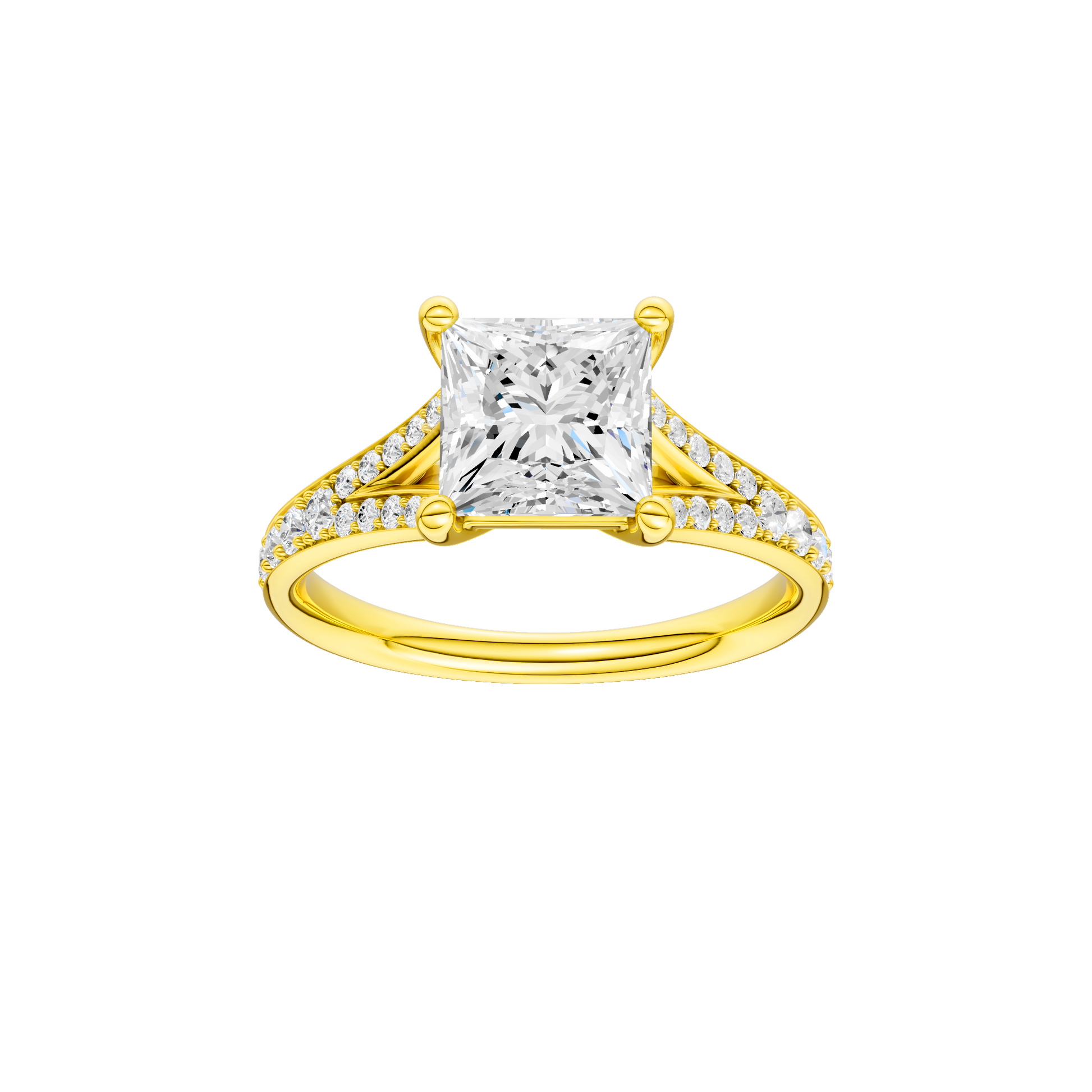 Princess-cut diamond engagement ring with a channel-set diamond band and solitaire setting.