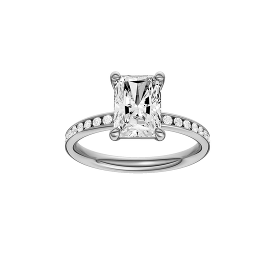 Radiant-cut diamond engagement ring with a channel-set diamond band and solitaire setting.