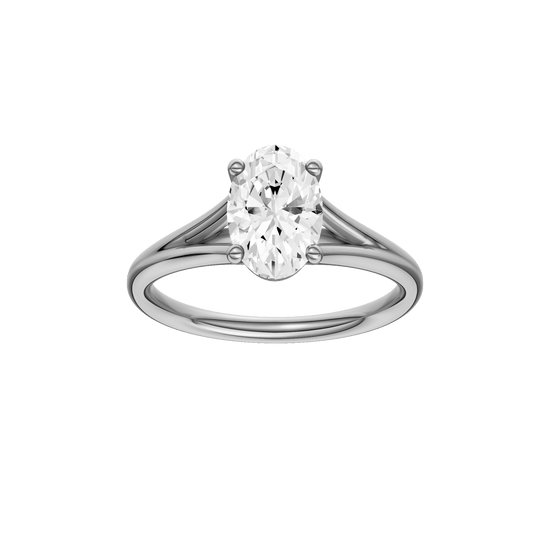 Oval-cut diamond engagement ring with a plain band and solitaire setting.